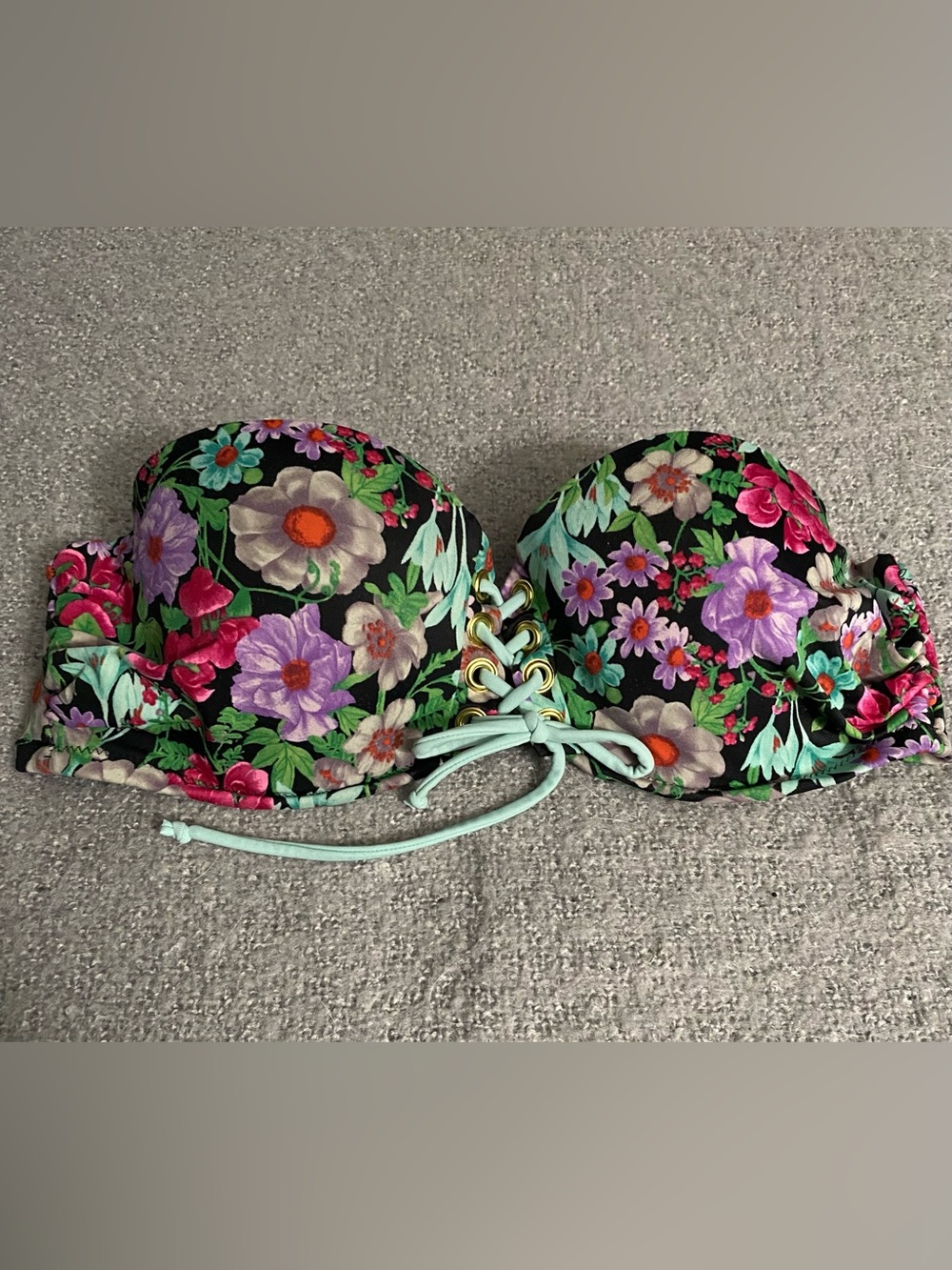 Victoria's Secret Black Floral Lace-Up Bikini Top with Mint Tie